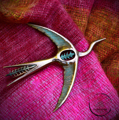 Broche bronce Pájaro, Ave Fenix Plata, Broche Grulla  Volando plata, Joyería  Naturaleza, Broche artístico, Hecho a mano - D´Cast