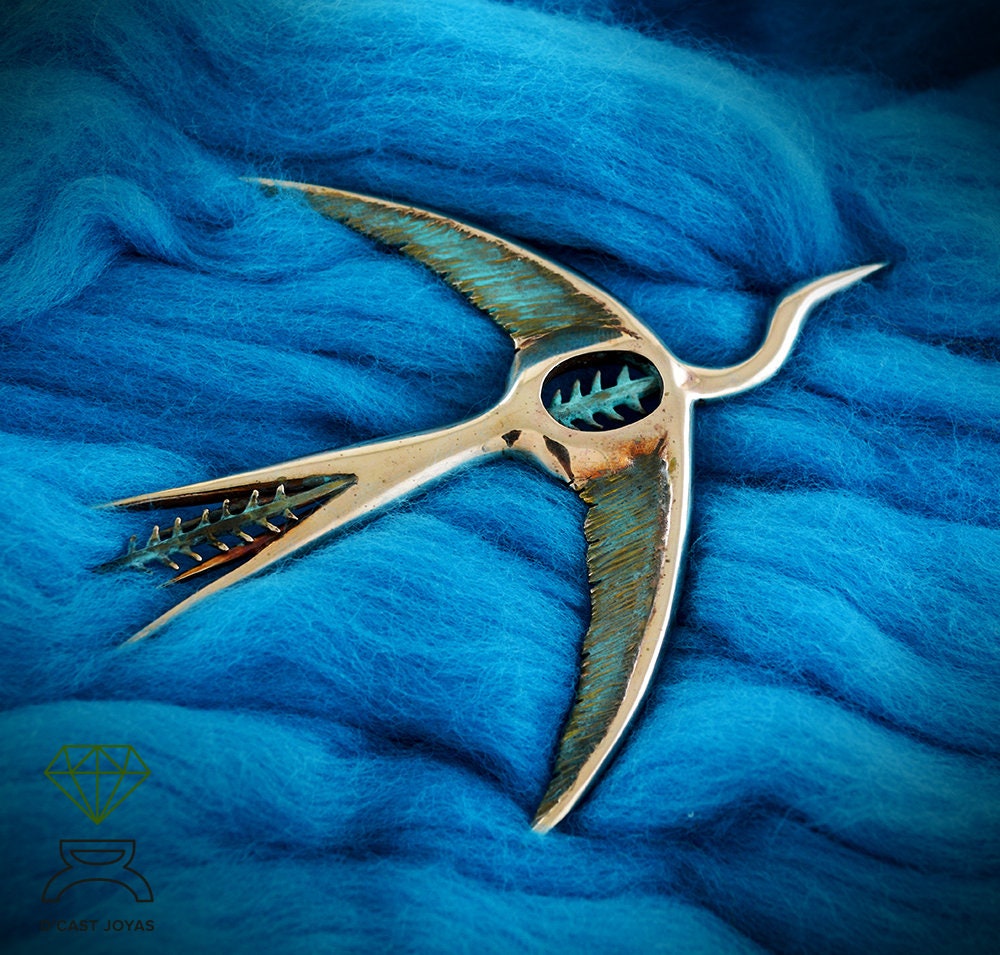 Broche bronce Pájaro, Ave Fenix Plata, Broche Grulla  Volando plata, Joyería  Naturaleza, Broche artístico, Hecho a mano - D´Cast