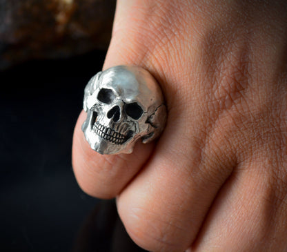 Anillo calavera completa de plata de ley maciza, Craneo humano realista, Joyería de motorista, Rock and Roll, Memento mori - D´Cast