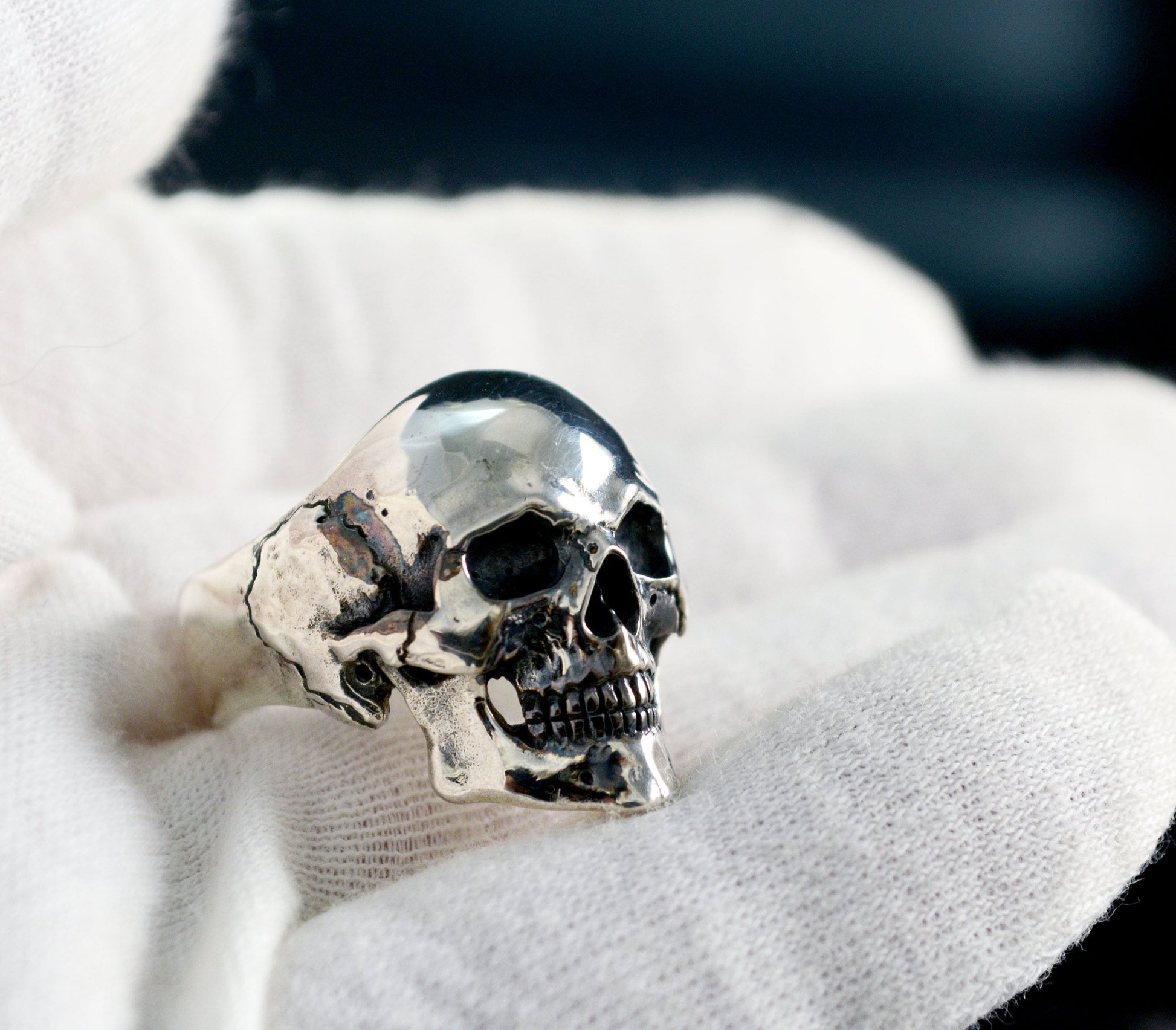 Anillo calavera completa de plata de ley maciza, Craneo humano realista, Joyería de motorista, Rock and Roll, Memento mori - D´Cast