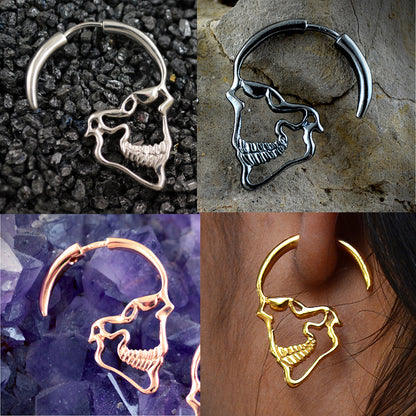 Pendientes de aro perfil calavera, Hechos a mano en oro de 10k, 14k o 18k, aretes punk, regalo de novia gótica genial