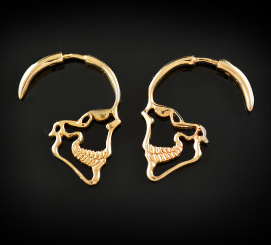 Skull profile hoop earrings, Handmade in 10k, 14k or 18k gold, punk earrings, cool gothic girlfriend gift