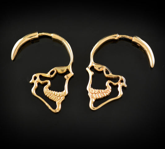 Pendientes de aro perfil calavera, Hechos a mano en oro de 10k, 14k o 18k, aretes punk, regalo de novia gótica genial