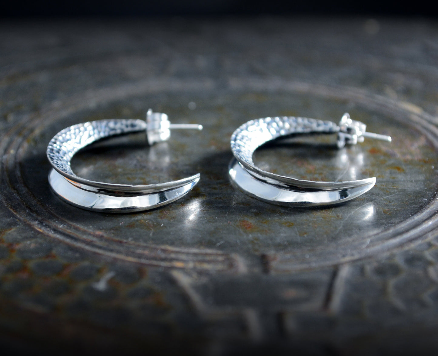 Half-moon hoop earrings with hammered texture and oxidized finish, Contemporary style hoops, Handmade in sterling silver