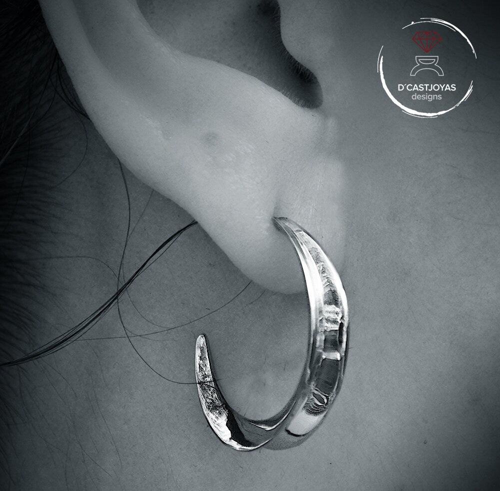 Half-moon hoop earrings with hammered texture and oxidized finish, Contemporary style hoops, Handmade in sterling silver