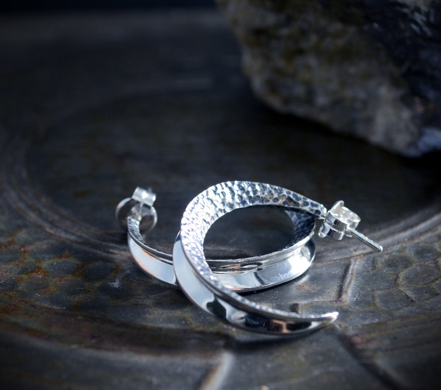 Half-moon hoop earrings with hammered texture and oxidized finish, Contemporary style hoops, Handmade in sterling silver