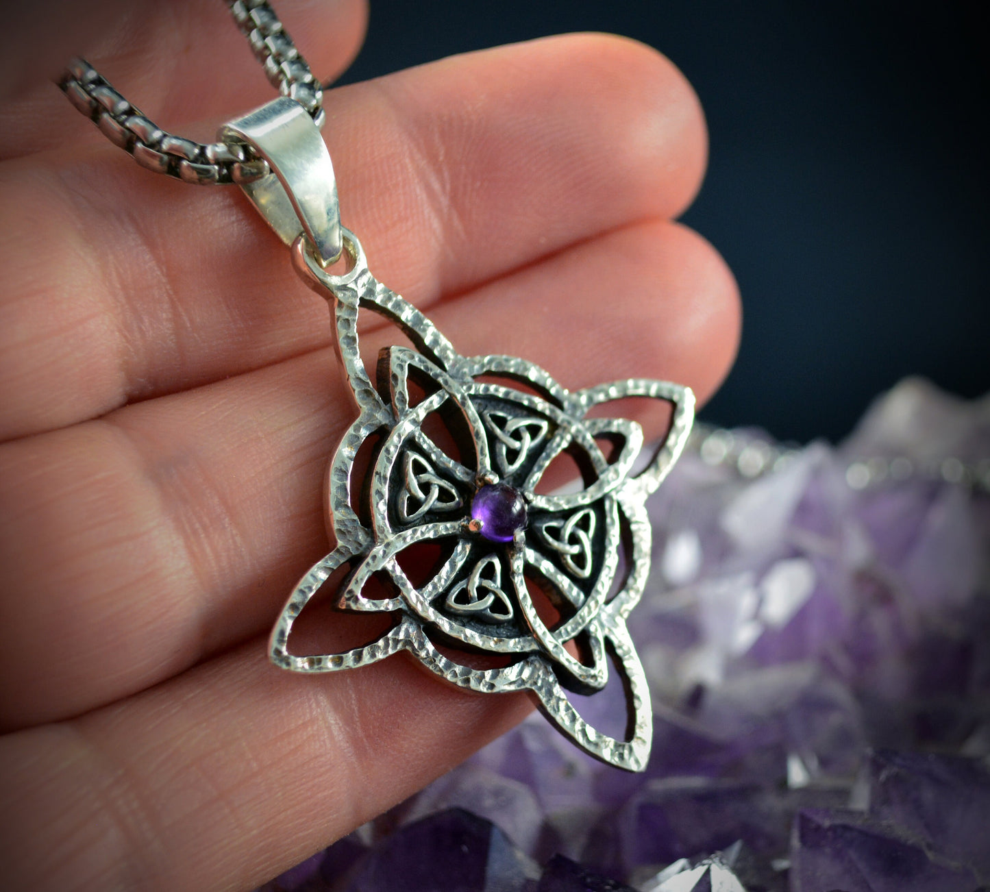 Solid sterling silver witch knot pendant with natural stone, Handmade pendant, Protective necklace, Silver pendant with amethyst