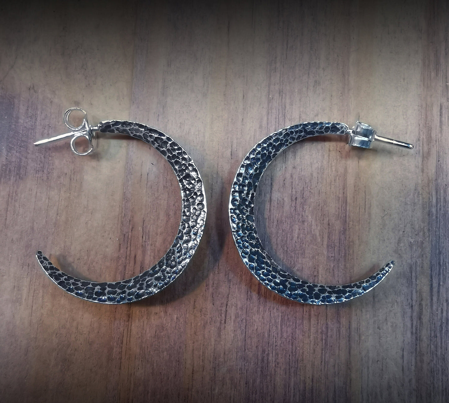 Half-moon hoop earrings with hammered texture and oxidized finish, Contemporary style hoops, Handmade in sterling silver