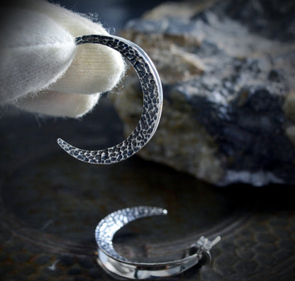 Half-moon hoop earrings with hammered texture and oxidized finish, Contemporary style hoops, Handmade in sterling silver