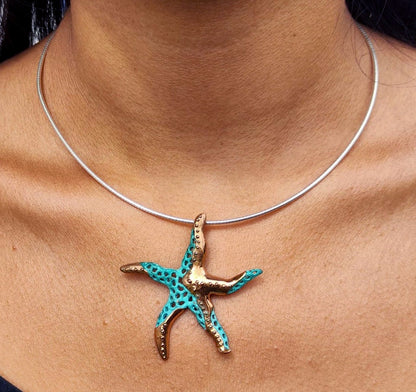 Handmade starfish pendant, Artistic bronze pendant and green or black patinas, Sea jewelry