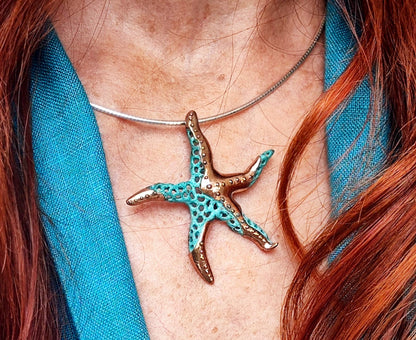 Handmade starfish pendant, Artistic bronze pendant and green or black patinas, Sea jewelry