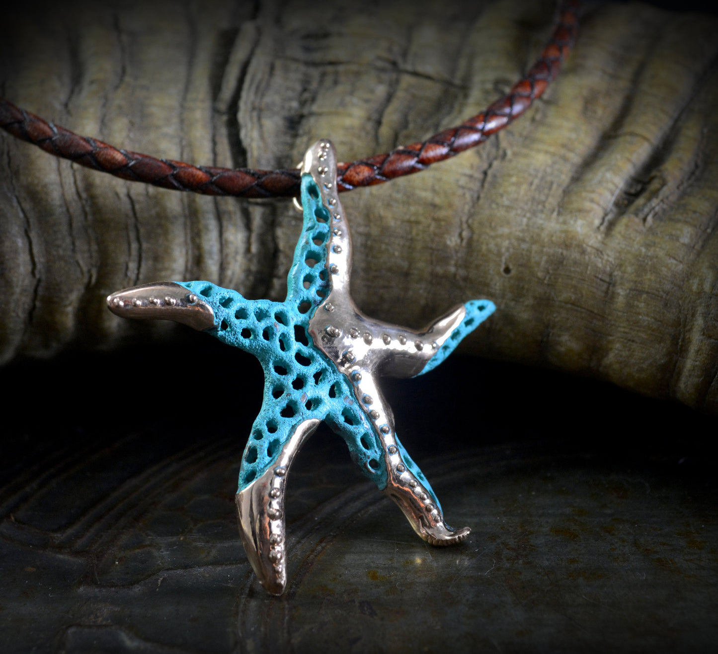 Handmade starfish pendant, Artistic bronze pendant and green or black patinas, Sea jewelry