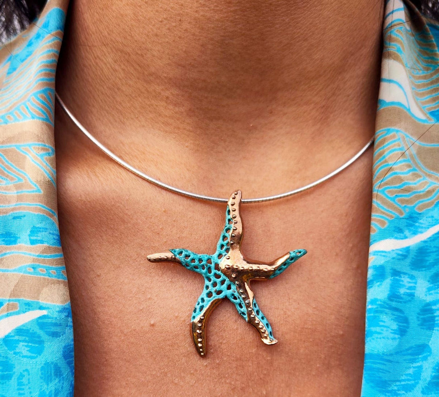 Handmade starfish pendant, Artistic bronze pendant and green or black patinas, Sea jewelry