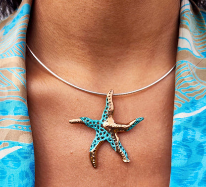 Handmade starfish pendant, Artistic bronze pendant and green or black patinas, Sea jewelry