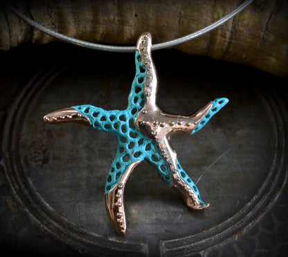 Handmade starfish pendant, Artistic bronze pendant and green or black patinas, Sea jewelry