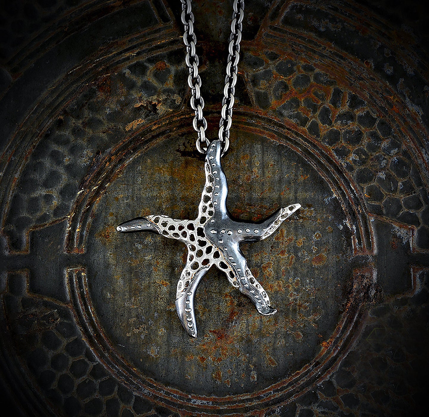 Handmade starfish pendant, Artistic bronze pendant and green or black patinas, Sea jewelry