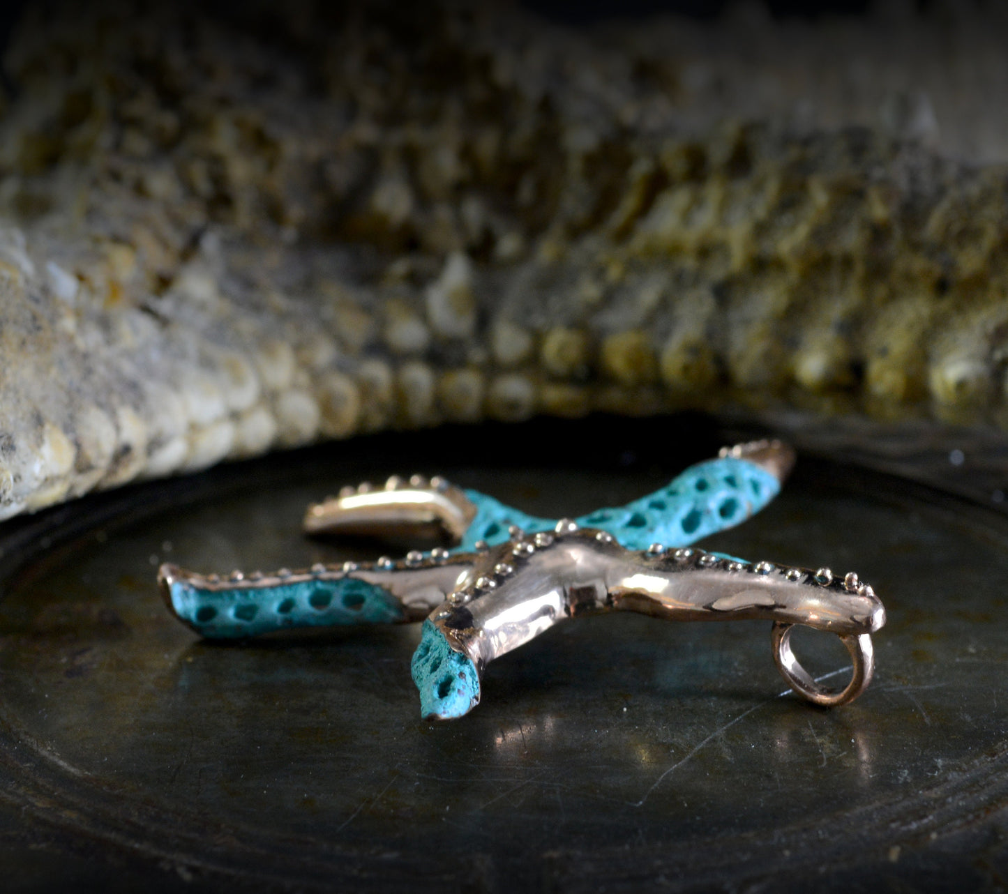 Handmade starfish pendant, Artistic bronze pendant and green or black patinas, Sea jewelry