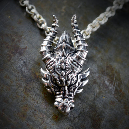 Handmade dragon head pendant in solid sterling silver