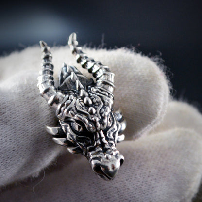 Handmade dragon head pendant in solid sterling silver