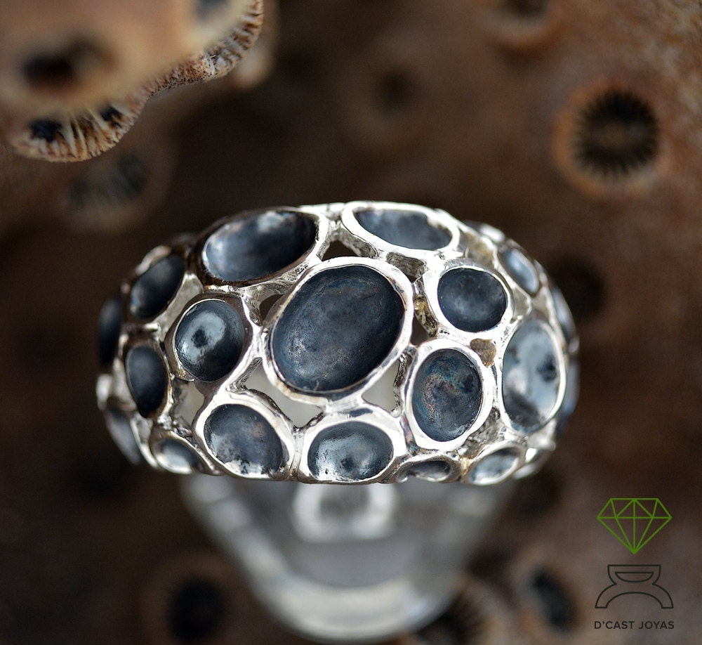 Anillo plata bola texturas, Anillo forma Coral, Joyería del mar, Joyería brutalista, Anillo plata original, Joyería contemporánea, Boho - D´Cast