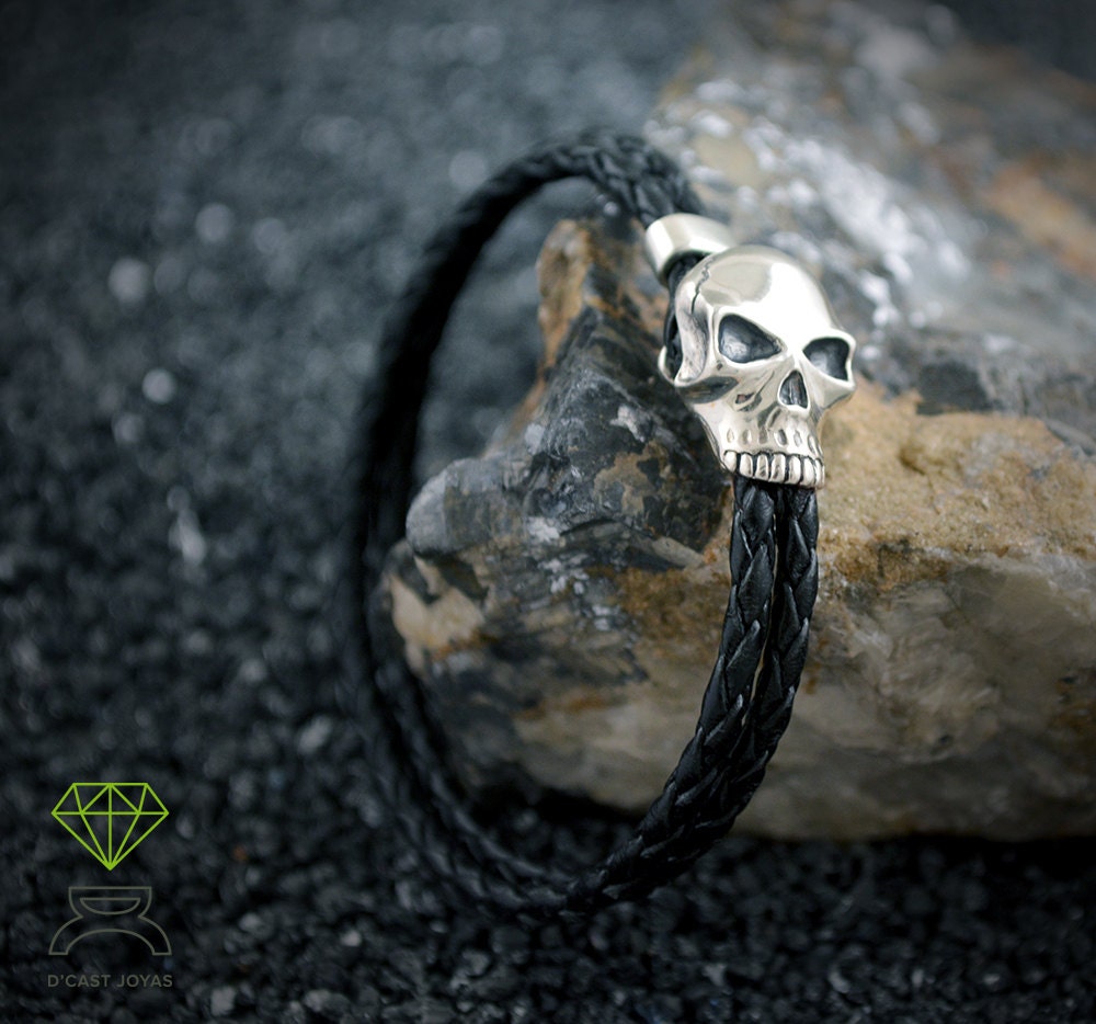 Brazalete calavera plata y cuero, Calavera pulsera hombre - D´Cast