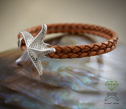 Pulsera plata  oxidada y cuero estrella de mar, Pulsera de plata 925 estrella, Pulsera de cuero y plata  para surfistas, Joyería del mar - D´Cast