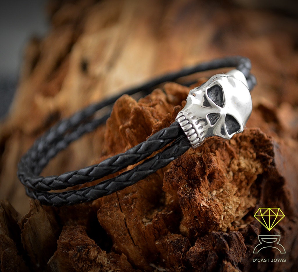 Brazalete calavera plata y cuero, Calavera pulsera hombre - D´Cast