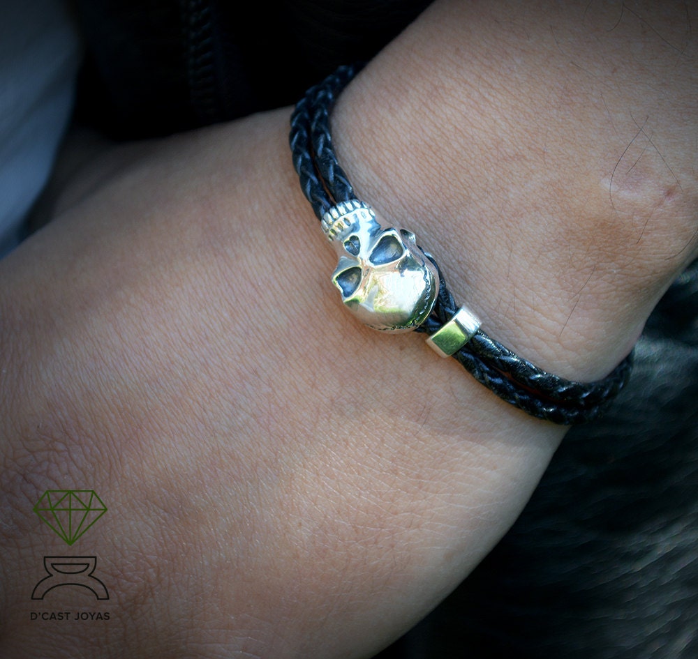 Brazalete calavera plata y cuero, Calavera pulsera hombre - D´Cast